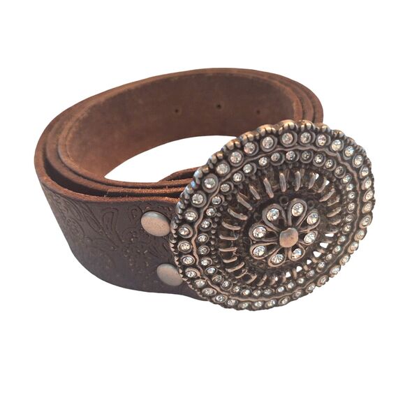 Fossil Brown Leather Statement Belt Rhinestone Round Buckle Size  L - Picture 1 of 16